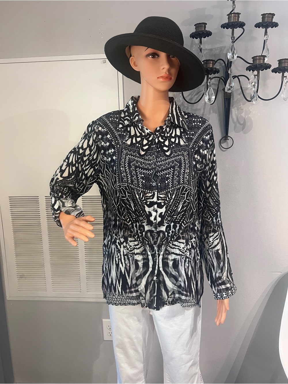 Black & White Printed Button-Down Shirt - Women's Long Sleeve Top